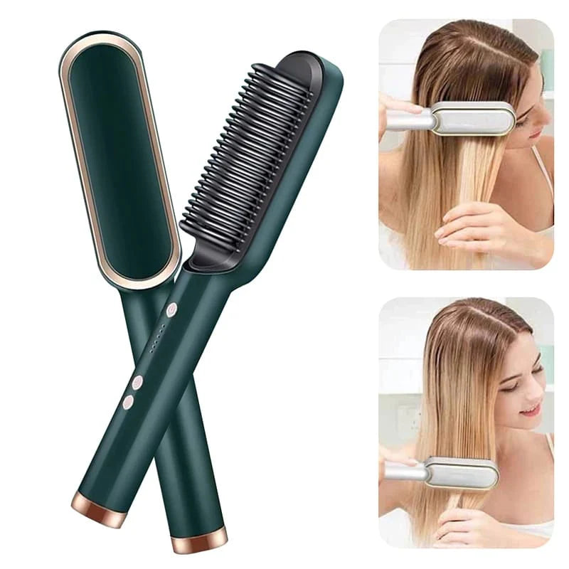 Professional Electric Hair Straightener Brush Heated Comb Straight & Curly Styling Tool