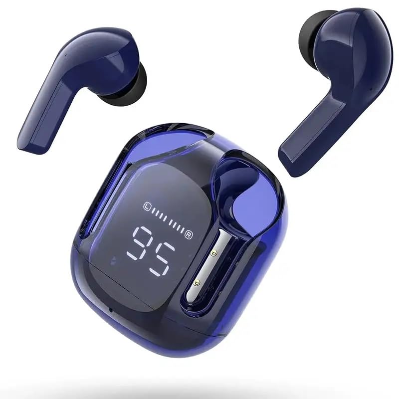 RG Wireless LED Display in Ear TWS Earphone Crystal Transparent Bluetooth Headphones Touch Control Sports Headset (Blue)