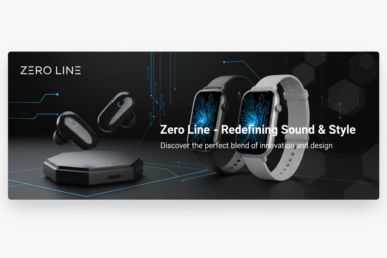 Create a sleek and modern Shopify store banner for Zero Line, a premium brand offering wireless earbuds and smartwatches.

The banner should include:

High-quality earbuds and smartwatches showcased beautifully in a futuristic, tech-inspired setting.

A clean, modern background in shades of black, white, or electric blue to highlight the products.

Stylish text overlay:
“Zero Line – Redefining Sound & Style”
(optional subtext: “Discover the perfect blend of innovation and design”