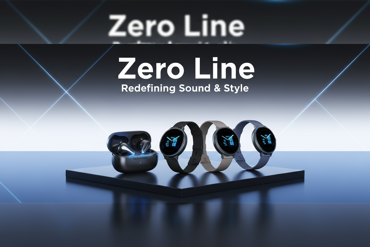 Create a sleek and modern Shopify store banner for Zero Line, a premium brand offering wireless earbuds and smartwatches.

The banner should include:

High-quality earbuds and smartwatches showcased beautifully in a futuristic, tech-inspired setting.

A clean, modern background in shades of black, white, or electric blue to highlight the products.

Stylish text overlay:
“Zero Line – Redefining Sound & Style”
Soft lighting, product reflections, and a professional, luxury-tech feel.

Designed to attract young